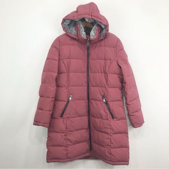 Andrew Mark Maroon Insulated Quilted Puffer Long Coat With Detachable Hood - Picture 1 of 16